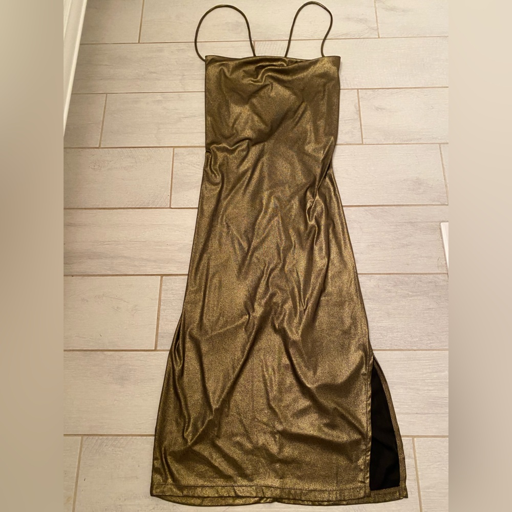 NWOT VENUS Large Gold Spaghetti Strap and Ruched Bodycon Dress Clubbing Party